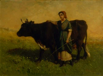 Unavngitt kvinne som går med ku, ca. 1869.