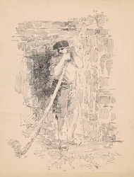 Stående mannlig bonde, ca. 1878 (penn og svart blekk på vevd papir)