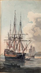 Utsikt over Hans Majestets skip Inflexible, tidlig på 1800-tallet (akvarell)