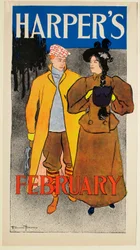Mann mit Schlittschuhen und gelbem Mantel mit Mädchen, Februar Harper