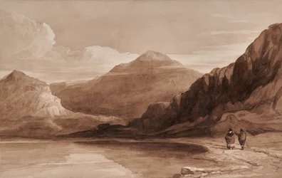 Landskap med figurer og fjell