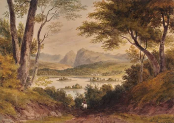Landskap med innsjø og fjellkjede