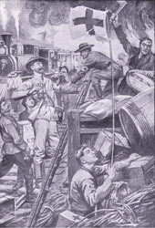Falsk ambulansemann ødelegger butikker ved Komati Foort under dekke av Røde Kors-flagget, illustrasjon fra After Pretoria: The Guerilla War, 1902