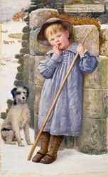«Dick the Shepherd» En liten gjetergutt med fingrene i munnen, iført en kittel. Maleri av Edward Robert Hughes (1851–1914) (prerafaelitt) 1902 Privat samling