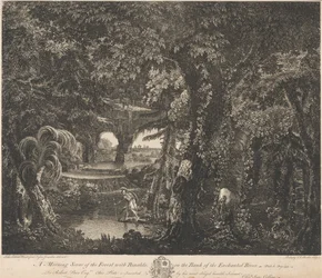 En morgenscene av skogen med Rinaldo på bredden av den fortryllede elven