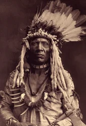 Røyskatt-hale (Apohsuyis). Denne Piegan-indianeren bærer den berømte krigshodepryden av ørnefjær og røyskattskinn, en semsket tunika, to halskjeder, ett av bein og det andre av grizzlyklør, samt en tomahawkpipe. Foto hentet fra bind 6 av det utgitte