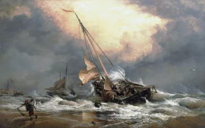 Fiskere som trekker båtene sine på bredden av Nordsjøen, nær Scheveningen (Holland). Olje på lerret