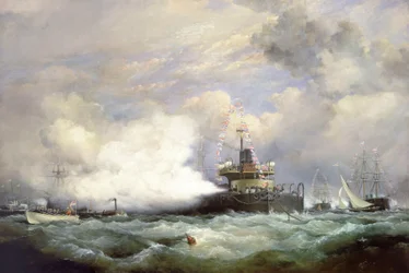 HM Turret Ship #39;Devastation#39; ved Spithead i anledning marinegjennomgangen til ære for sjahen av Persia, 23. juni 1873