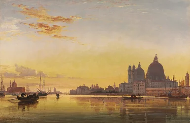 Solnedgang over Venezias lagune, kirken på Isola di San Giorgio in Alga i det fjerne