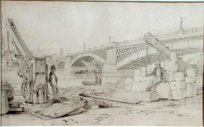 Utsikt over Southwark Bridge og Themsen fra Bankside, med to boretårn i forgrunnen