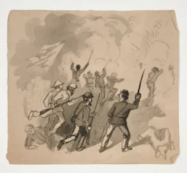 Borgerkrigskampscene (recto); Uidentifisert illustrasjon av mann i en skog (verso)