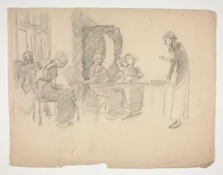 Tidlig studie for Stony Ground 1884, interiør med figurer