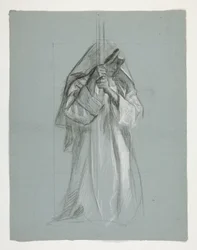 Figurstudie for Sir Lancelot og Sir Bors antrekk Galahad med sporene hans, fra The Quest of the Holy Grail (andre av en serie på femten malerier for Boston Public Library, fullført i 1901)