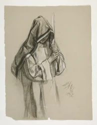 Figurstudie for Sir Lancelot og Sir Bors antrekk Galahad med sporene hans, fra The Quest of the Holy Grail (andre av en serie på femten malerier for Boston Public Library, fullført i 1901)