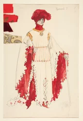 Richard II (i rødt), kostymeskisse for Henry Irving