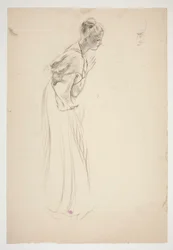 Sketch of a woman, stooped and praying   1335009   no       norwegian Successfully Translated  Original: Spillende dame Translat: Spillende dame 1276842 no norwegian Successfully Translated Original: Kalaat-El Hosn, deuxième enceinte, extérieur, midi Trans