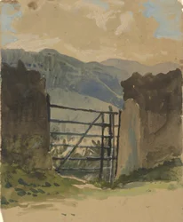 Steinmur og port, skisse