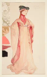 Dronningen (i rosa), kostymeskisse for Henry Irving