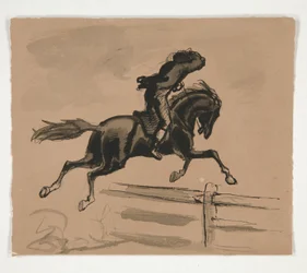 Uidentifisert illustrasjon av en rytter som hopper et gjerde (recto); Figurstudie av en gammel mann (verso)