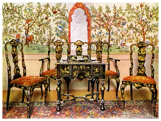 Svart lakk sofa, stoler og bord og rødt lakkert speil, 1910.