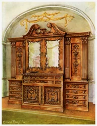 Utskåret lukket bokhylle i mahogni, stil med Chippendale, fransk innflytelse, 1911-1912.