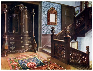 Utskåret valnøtt bombe garderobe med jagde fester, 1910.