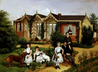 Alma Cottage 1874. Familieportrett i en hage foran et landsted. Maleri av Edwin Frederick Holt (1800-tallet–ca. 1910, britisk). Privat samling.
