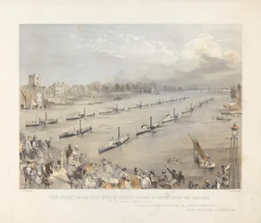 The Fleet of the City Steam Boats Passing in Review Order off Chalsea på London Annual Comemoration