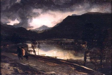 En innsjøscene ved solnedgang
