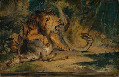 Løve som forsvarer byttet sitt, ca. 1840 (olje på papir på lerret)
