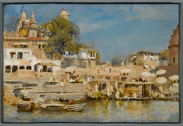 Templer og badeghat ved Benares, 1883-85
