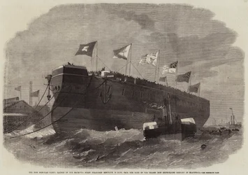 Den nye jernkledde flåten, lansering av Hennes Majestets skruedampskip Minotaur 50 kanoner, fra Yard of the Thames Iron Shipbuilding Company ved Blackwall