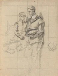 To figurer, skisse for Signering av Compact i Cabin of the Mayflower