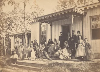 Gruppe på veranda, 1860-tallet.