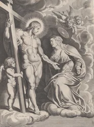 Jomfruens forbønn, knelende på en sky rett foran Kristus, står ..., ca. 1610-37.