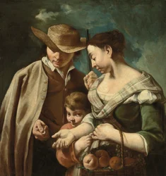 En fruktselger og en ung gutt med en kurv med fersken, pærer og druer i et landskap, med en mann som holder en pistol og en mynt, ca. 1705–84 (olje på lerret)