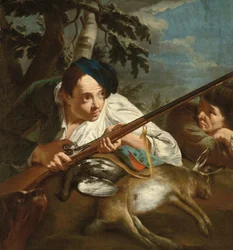 Jegere hviler med dødt vilt i et skogkledd landskap, ca. 1705–84 (olje på lerret)