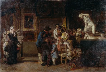 Musebesøk, av Egisto Lancerotto (1847-1916), olje på lerret, 80x118 cm