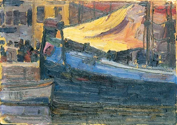 Forankrede båter med husvegg i bakgrunnen, 1908