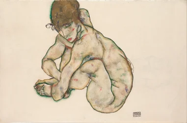 Huksittende naken jente, 1914