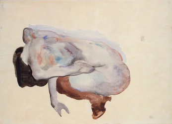 Hukende naken i sko og svarte strømper, sett bakfra, 1912 (wc, gouache og grafitt på papir)