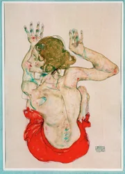 Kvinnelig nakenfigur sittende på rødt draperi, sett bakfra (gouache, akvarell og blyant)