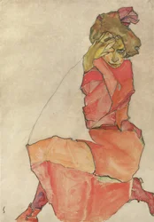Knælende kvinne i oransjerød kjole, 1910