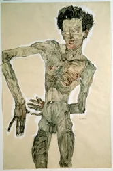 Mannlig akt (Selvportrett). Tegning av Egon Schiele (1890-1918), 1910. Mål: 55,7 x 36,8 cm. Wien, Graphische Sammlung Albertina