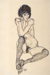 Sittende kvinnelig nakenmodell, albuene hvilende på høyre kne, 1914