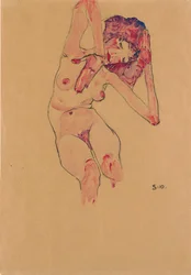 Sittende kvinne naken med bøyd hode og løftede armer; Sittende naken med bøyd hode og armer hevet, 1910