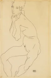 Sittende kvinnelig naken med hånden på haken, 1914