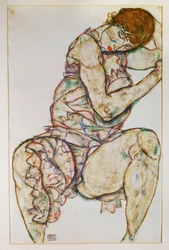 Sittende kvinne med venstre hånd i håret (gouache og blyant)
