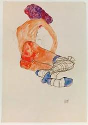 Sittende kvinnelig nakenfigur med blå strømpebånd, av … (gouache, akvarell og trekull)