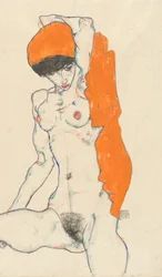 Stående akt med oransje draperi, forside: studie av akt med løftede armer, bakside, 1914